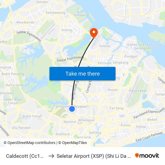 Caldecott (Cc17|Te9) to Seletar Airport (XSP) (Shi Li Da Ji Chang) map