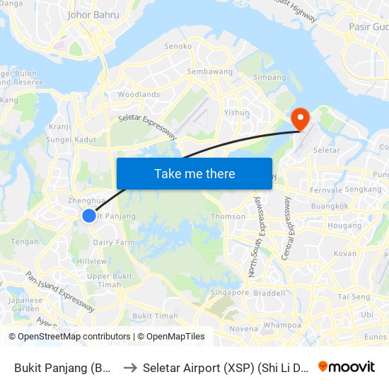 Bukit Panjang (BP6|DT1) to Seletar Airport (XSP) (Shi Li Da Ji Chang) map