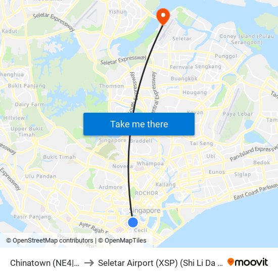 Chinatown (NE4|DT19) to Seletar Airport (XSP) (Shi Li Da Ji Chang) map