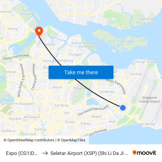 Expo (CG1|DT35) to Seletar Airport (XSP) (Shi Li Da Ji Chang) map