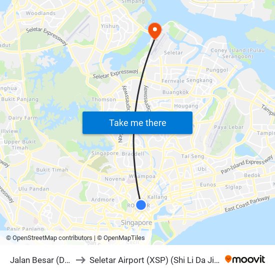 Jalan Besar (DT22) to Seletar Airport (XSP) (Shi Li Da Ji Chang) map