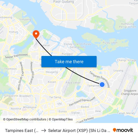Tampines East (DT33) to Seletar Airport (XSP) (Shi Li Da Ji Chang) map