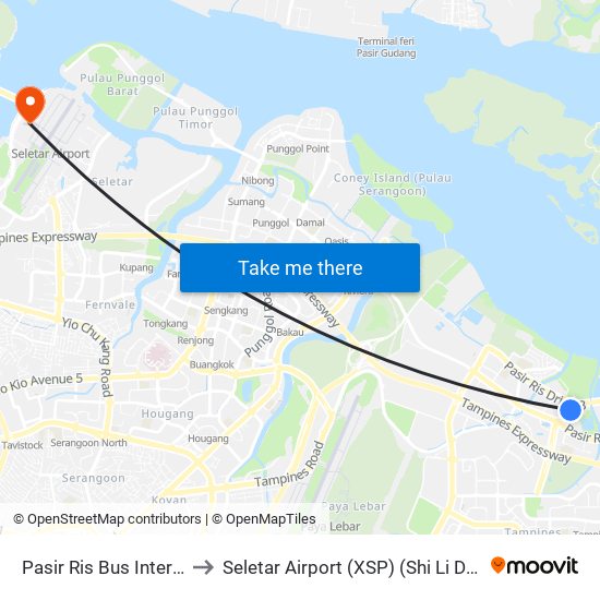 Pasir Ris Bus Interchange to Seletar Airport (XSP) (Shi Li Da Ji Chang) map