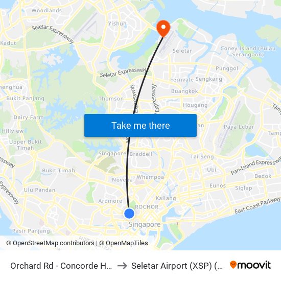 Orchard Rd - Concorde Hotel S'Pore (08138) to Seletar Airport (XSP) (Shi Li Da Ji Chang) map