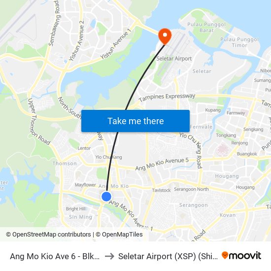 Ang Mo Kio Ave 6 - Blk 307a (54019) to Seletar Airport (XSP) (Shi Li Da Ji Chang) map