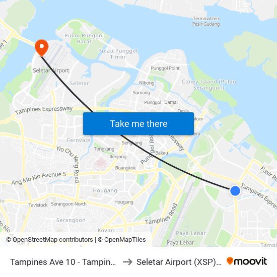 Tampines Ave 10 - Tampines Wafer Fab Pk (75351) to Seletar Airport (XSP) (Shi Li Da Ji Chang) map