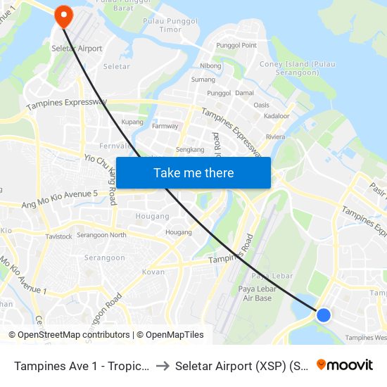 Tampines Ave 1 - Tropica Condo (75259) to Seletar Airport (XSP) (Shi Li Da Ji Chang) map