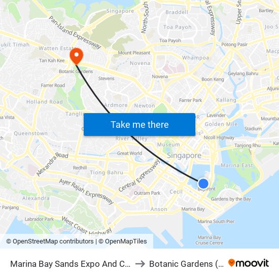 Marina Bay Sands Expo And Convention Centre to Botanic Gardens (CC19|DT9) map