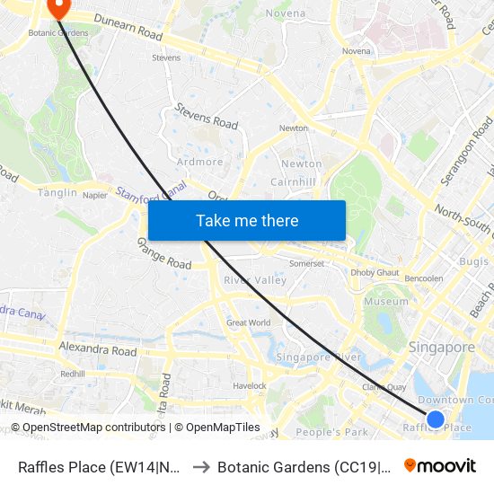 Raffles Place (EW14|NS26) to Botanic Gardens (CC19|DT9) map
