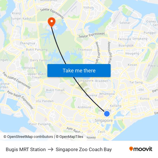 Bugis MRT Station to Singapore Zoo Coach Bay map