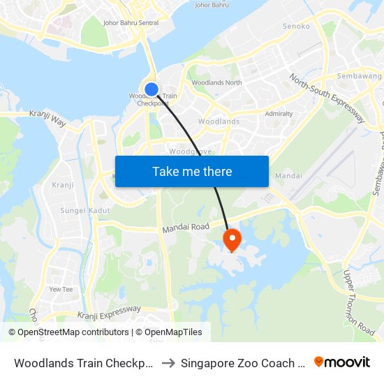 Woodlands Train Checkpoint to Singapore Zoo Coach Bay map