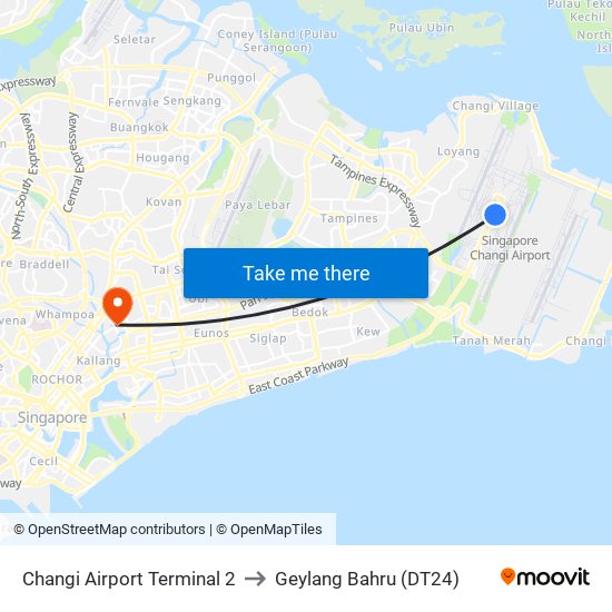 Changi Airport Terminal 2 to Geylang Bahru (DT24) map