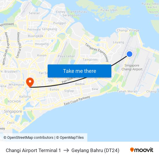 Changi Airport Terminal 1 to Geylang Bahru (DT24) map