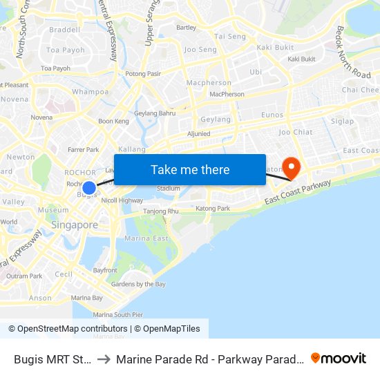 Bugis MRT Station to Marine Parade Rd - Parkway Parade (92049) map