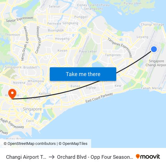 Changi Airport Terminal 1 to Orchard Blvd - Opp Four Seasons Hotel (09111) map