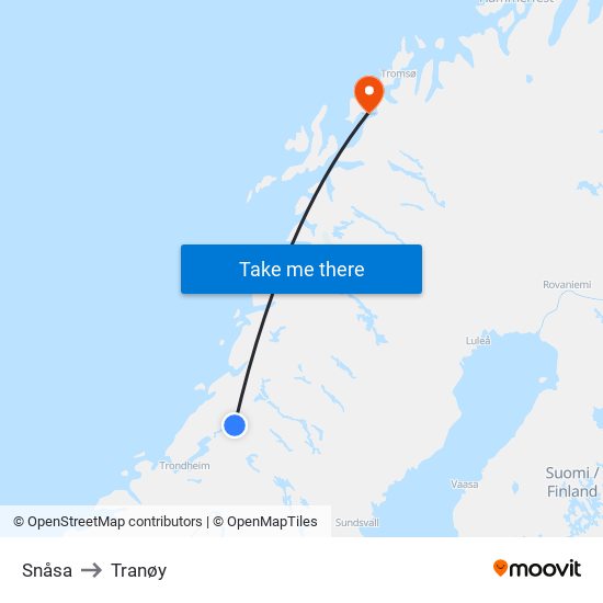 Snåsa to Tranøy map