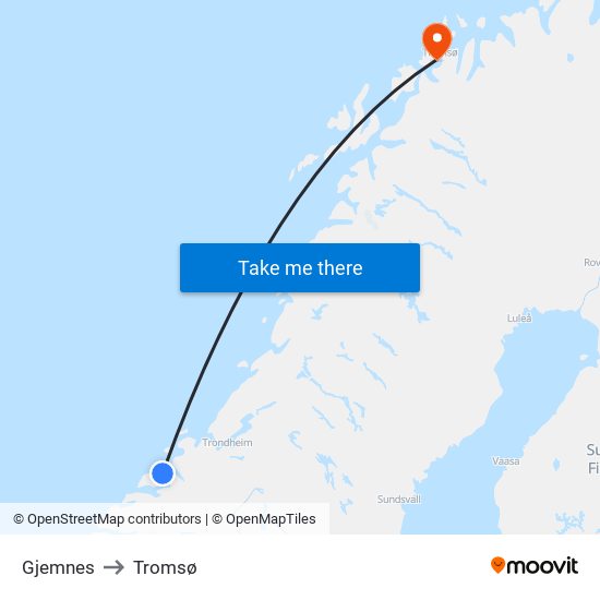 Gjemnes to Tromsø map