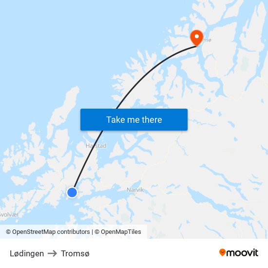 Lødingen to Tromsø map