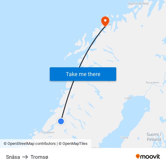 Snåsa to Tromsø map