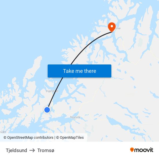 Tjeldsund to Tromsø map