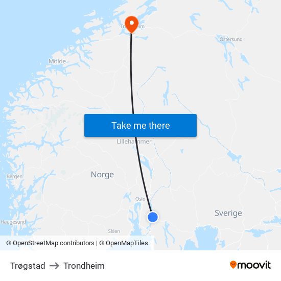 Trøgstad to Trondheim map