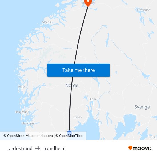 Tvedestrand to Trondheim map