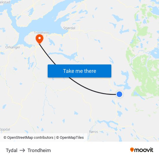 Tydal to Trondheim map