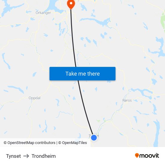 Tynset to Trondheim map