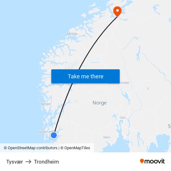 Tysvær to Trondheim map