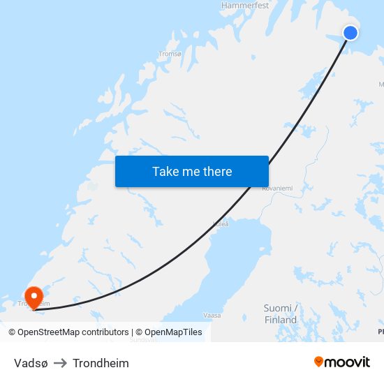 Vadsø to Trondheim map