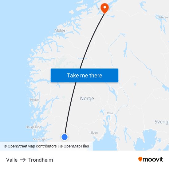 Valle to Trondheim map