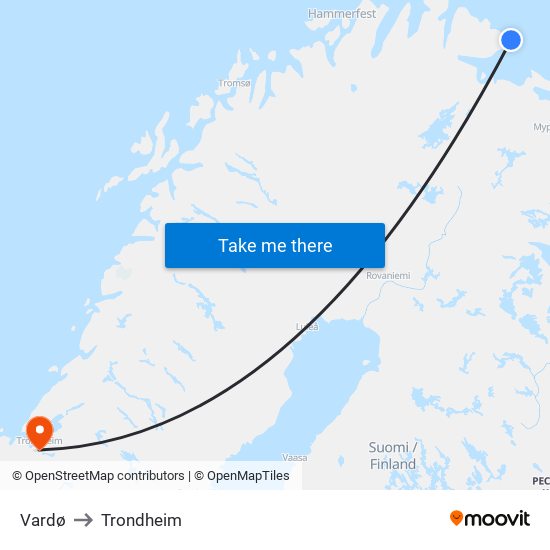 Vardø to Trondheim map