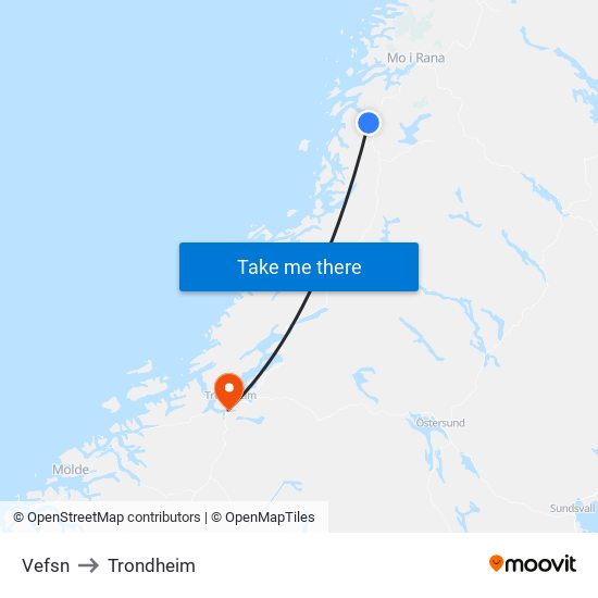 Vefsn to Trondheim map