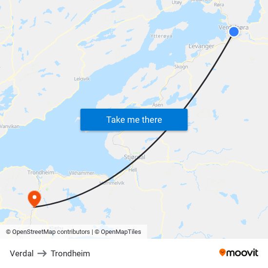 Verdal to Trondheim map