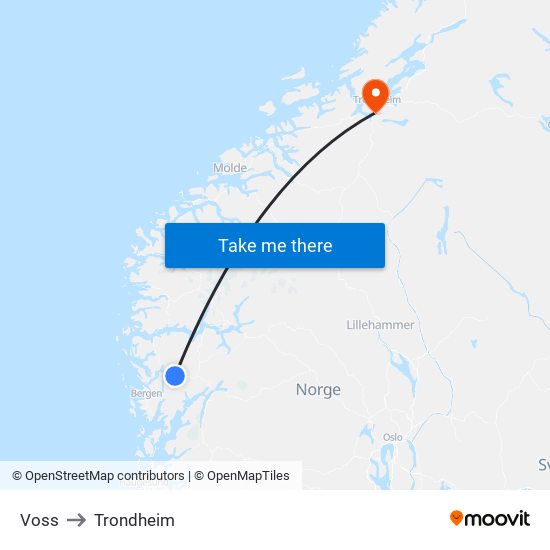 Voss to Trondheim map