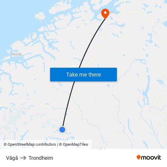 Vågå to Trondheim map