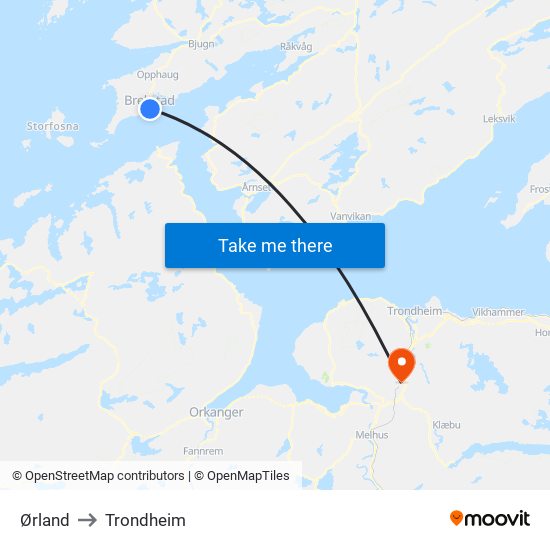 Ørland to Trondheim map