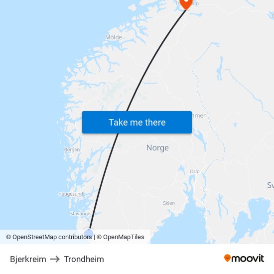 Bjerkreim to Trondheim map