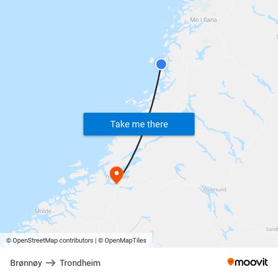 Brønnøy to Trondheim map