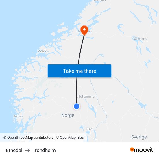 Etnedal to Trondheim map