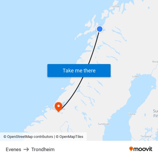 Evenes to Trondheim map