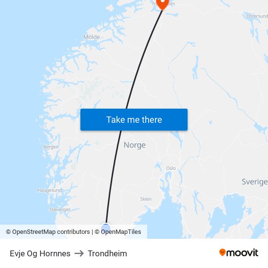 Evje Og Hornnes to Trondheim map