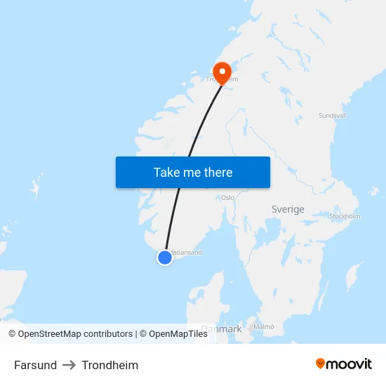 Farsund to Trondheim map