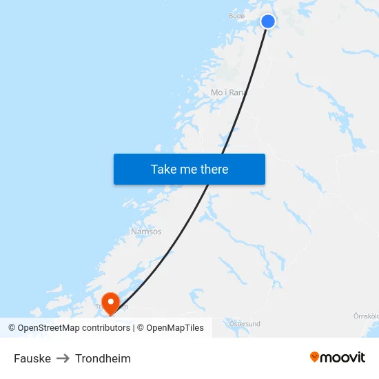 Fauske to Trondheim map
