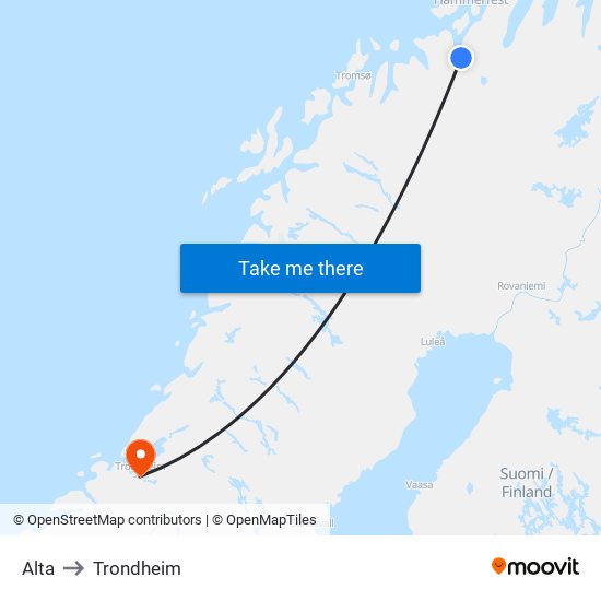 Alta to Trondheim map