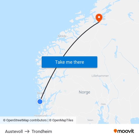 Austevoll to Trondheim map