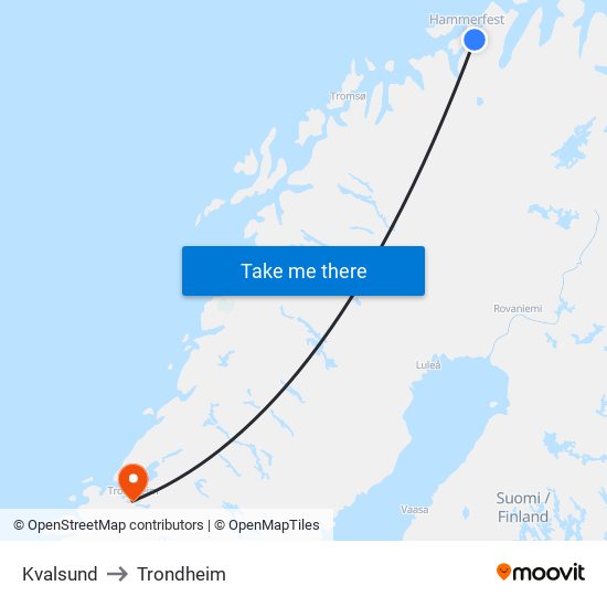 Kvalsund to Trondheim map