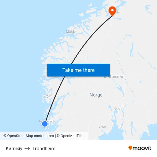 Karmøy to Trondheim map