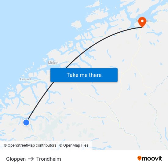 Gloppen to Trondheim map