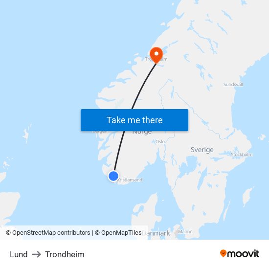 Lund to Trondheim map